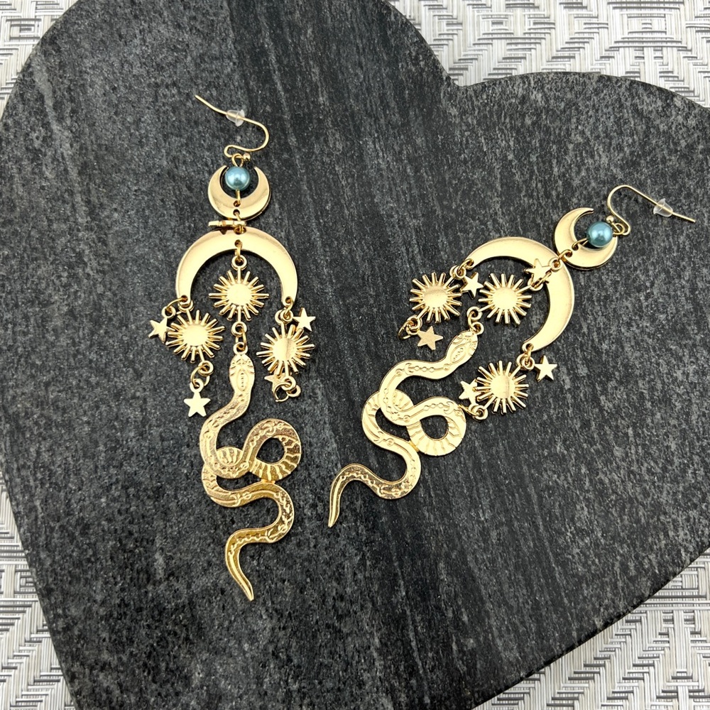 Bohemian Celestial Snake Charmer Gold Statement Earrings